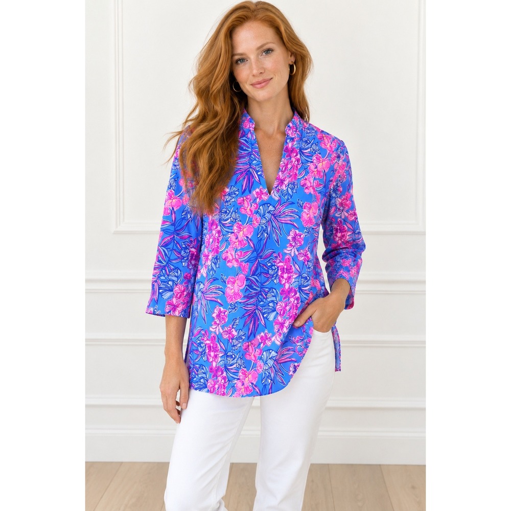 Lilly Pulitzer Luna Bay Tunic XS Cumulus Blue Orchid Oasis Floral Print Top NEW
